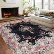 Vintage Style Rug - Black and Pink Floral Washable Area Rug, Decorative Non-Slip