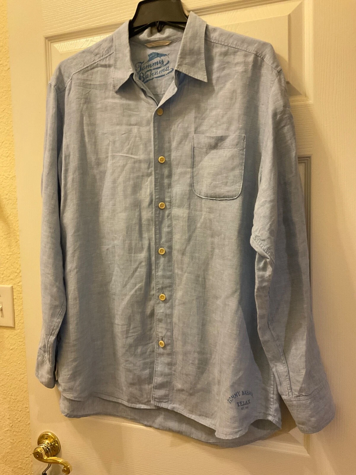Tommy Bahama RELAX 100% LINEN Shirt Mens XL Solid Blue Long Sleeves Lightweight