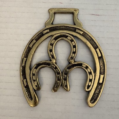 Brass Horse Medallion Antique English Good Luck Horseshoe Stack Harness Parade