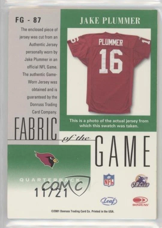 2001 Leaf Certified Materials Fabric of the Game Century /21 Jake Plummer #FG-87 - Image 2 of 2