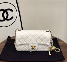 Auth Chanel White Quilted Lambskin Mini CF Flap Bag Adjustable Gold Ball Charm