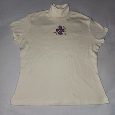 VTG Y2K American Girl L Cream Ribbed Knit Short Sleeve Turtle eck Floral Top