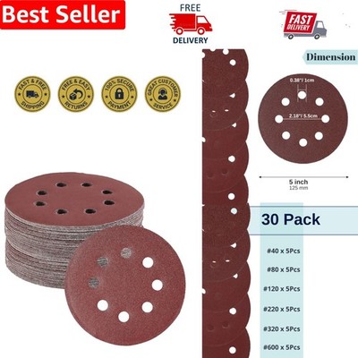 Bates 30 Pack 5 Inch Sanding Discs - Assorted Grits for Metal & Wood Finishing