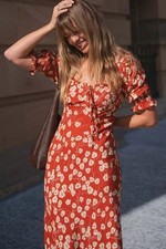 Women Rixo rayon Floral Puff Sleeve A-line silm Midi Dress hot 2025 red