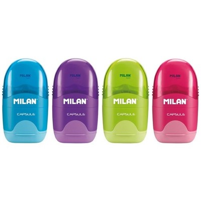 New Milan Capsule 1 Hole Sharpener(Carbon Steel Blade) and Eraser Assorted Color