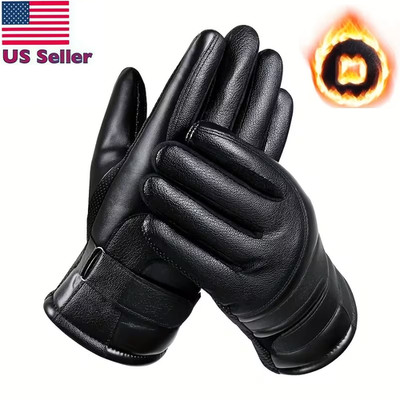 Men Fleece Lined Touchscreen Lambskin Leather Gloves Mitten Warm Driving Winter