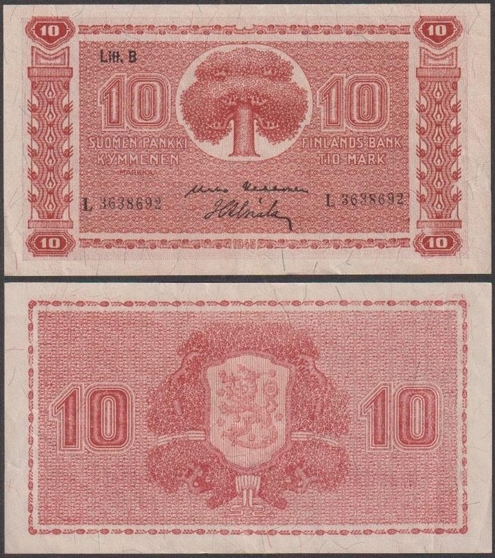 Finland, 10 Markkaa, 1945 Dated Issue Litt. B, VF+++, P-85