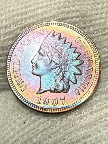 1907 Indian Head Cent Penny, Lustrous Gem BU++ RD Toned