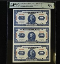 Netherlands 10 Gulden Specimen 1943 P66s PMG Gem Uncirculated 66 EPQ 3 UNCUT