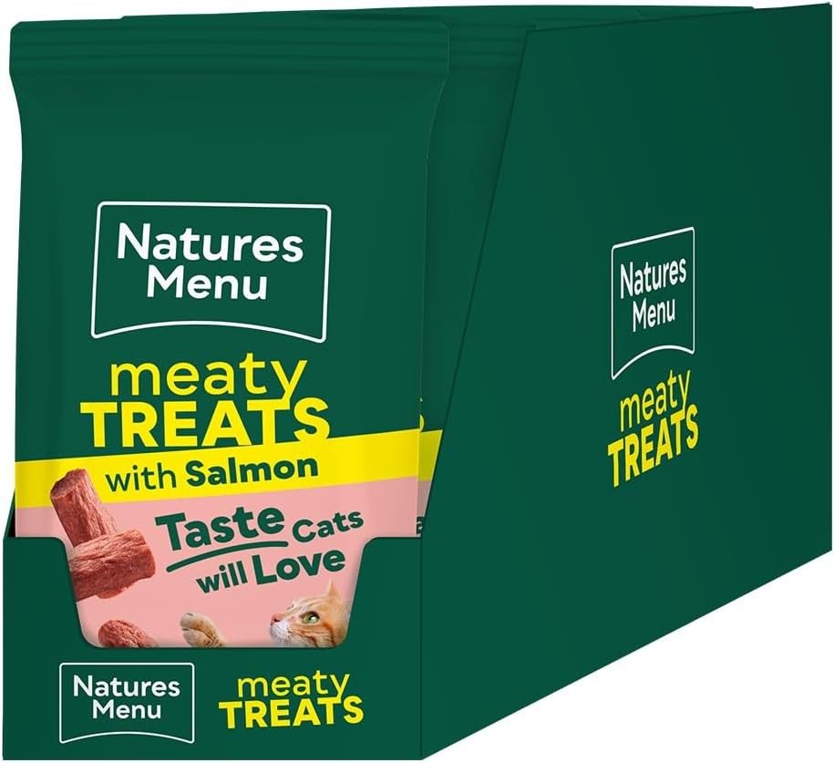 NATURES MENU CAT MEATY TREATS WITH SALMON 95% MEAT TASTY SNACKS 50G CASE OF 12