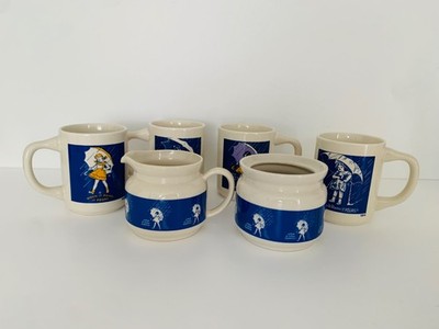 Morton Salt When it Rains it Pours Set of 4 Coffee Mugs/Creamer/Sugar Bowl