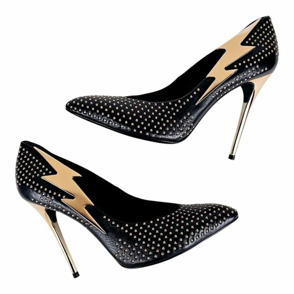 Ivy Kirzhner Black Leather Pumps Heels Gold Lightning Bolt Stud Accents 8.5 Rare - Image 3 of 4