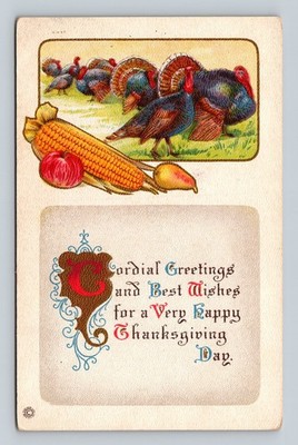 Vintage Thanksgiving Postcard Lithograph Turkeys Corn & Fruit 3.5x5.5