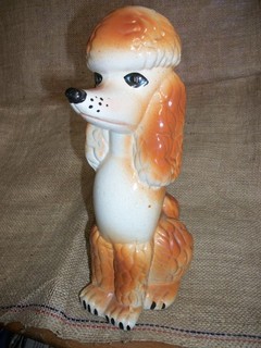 VINTAGE 1940's ORANGE 11" CHALKWARE POODLE DOG 'BANK' CARNIVAL PRIZE FIGURE