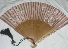 Japanese Kyoto Folding Fan Ky  Sensu Bamboo  Fabric Floral Design w/ Tassel