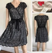 New ELLE Lace Fit N Flare Dress Sz 8 NWT Black Shimmer Party Cocktail