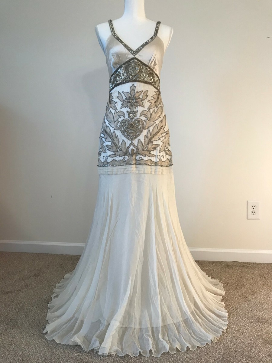 Sue Wong Ivory/Bronze Silk Hand-Beaded gown and Shawl - Size 4 - NWT Sue Wong Ivory/Bronze Silk Hand-Beaded gown and Shawl - Size 4 - NWT