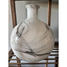 Artisan Hand-Blown Modern Vase Black  White Swirl Pattern 7.5" Glossy Glass