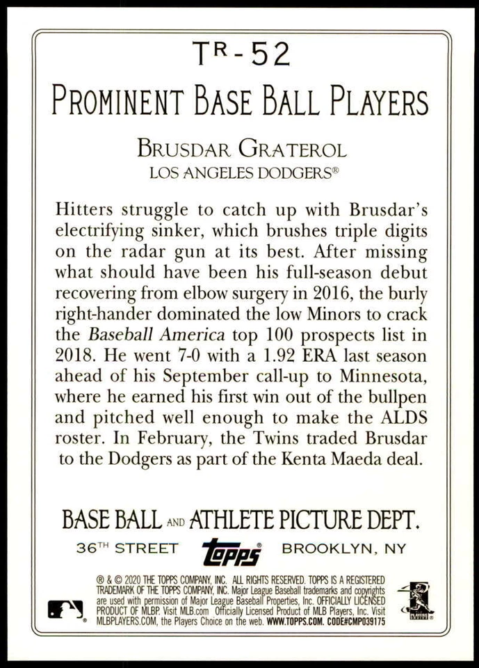 Brusdar Graterol 2020 Topps Turkey Red 2020 5x7 Gold #TR-52 /10 Dodgers  - Image 2 of 2