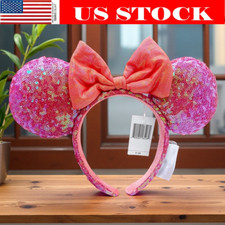 Disney Parks Minnie Ears Sequins Orange Red Bow Coral Pink Party Headband US
