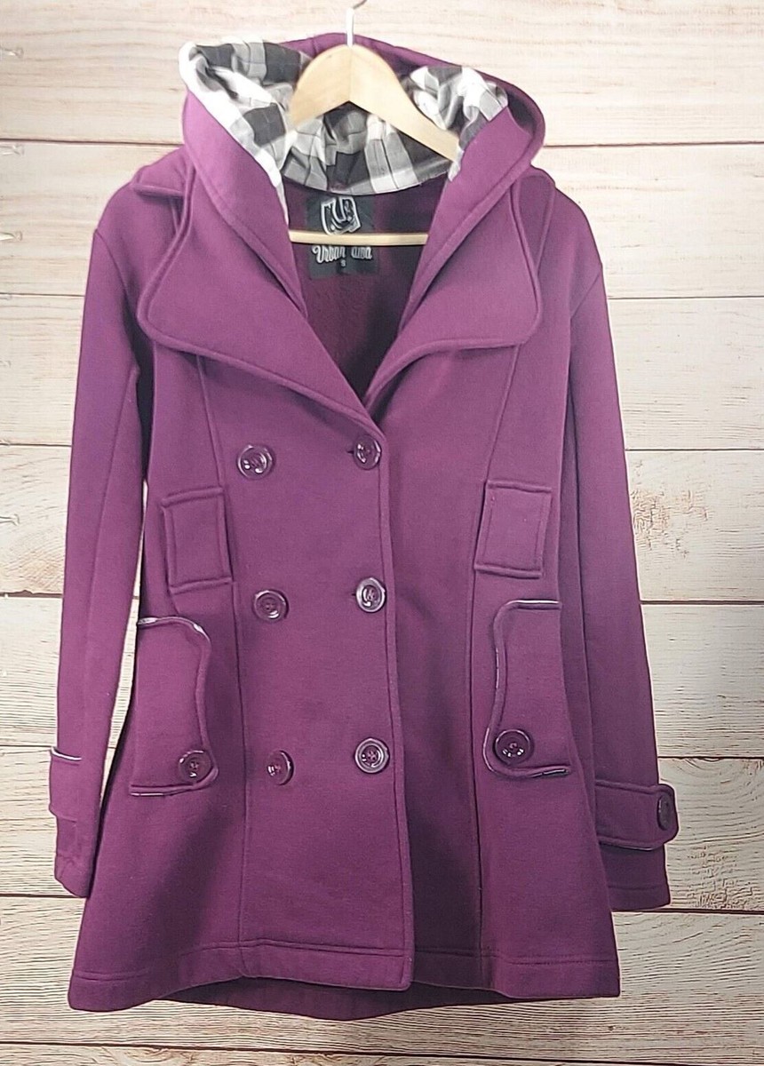 Women's Hoodie Pea Coat Warm Plaid Purple Long Jacket Winter Plaid