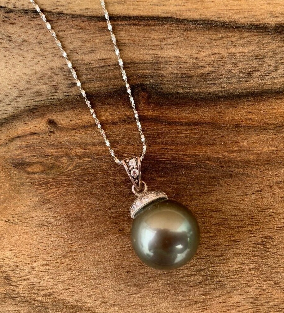 Large 11.5 mm Round Natural Black Real Tahitian Pearl Pendant & Chain