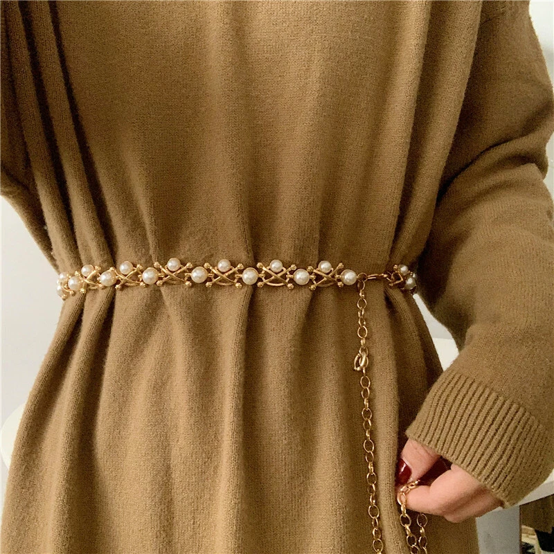 Women Gold Pearl Chain Belt Body Dance Bikini Beach Waist Chain Skinny Belt - image 2 of 4