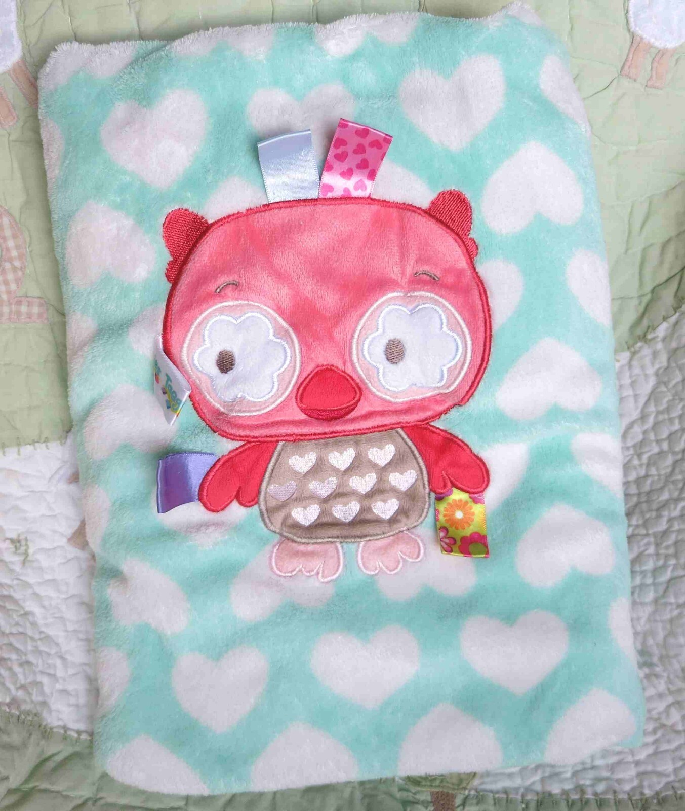 Taggies Owl Green Aqua w White Hearts Plush Fleece Appliqued Baby Girl Blanket