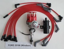 FORD 351W (Windsor) RED Small Cap HEI Distributor + Black Coil +SPARK PLUG WIRES