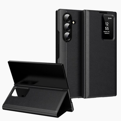 Für Samsung Galaxy Z Fold7 Smart View Window Kunstleder Kartenfach Hülle Schwarz