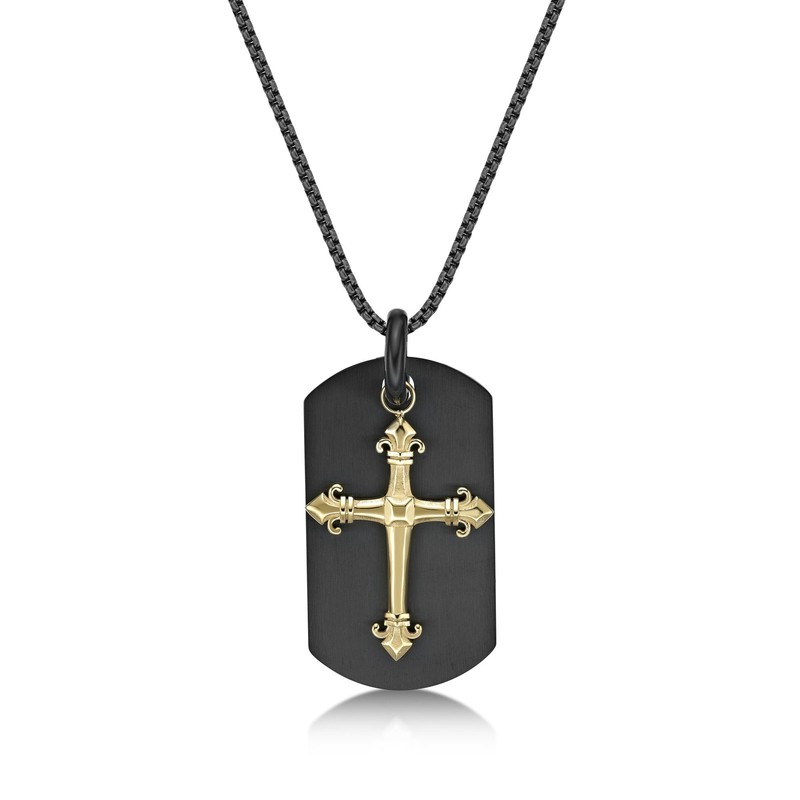 Black and Gold Ion Plated Stainless Steel Cross Tag - 24 Inch Round Box Chain