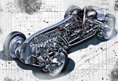 Line Tech Zeichnung Mercedes Benz Formel Rennwagen Cutaway Kunst Poster Druck