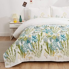 King Size Green White Floral Quilt Set - Botanical Bedspread  2 Pillow Shams, B