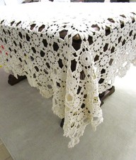 Hand Crochet Lace Cotton Tablecloth Rectangle 70 x 78 Vintage Art Deco Circles