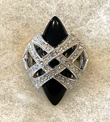Sterling Guess 925 Onyx Ring  with White CZ's  Size 7 3/4  -  14.3  Grams