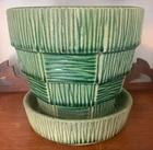 Vintage McCoy Pottery Yellow Basketweave 5 3/4" Flower Pot Attached Saucer