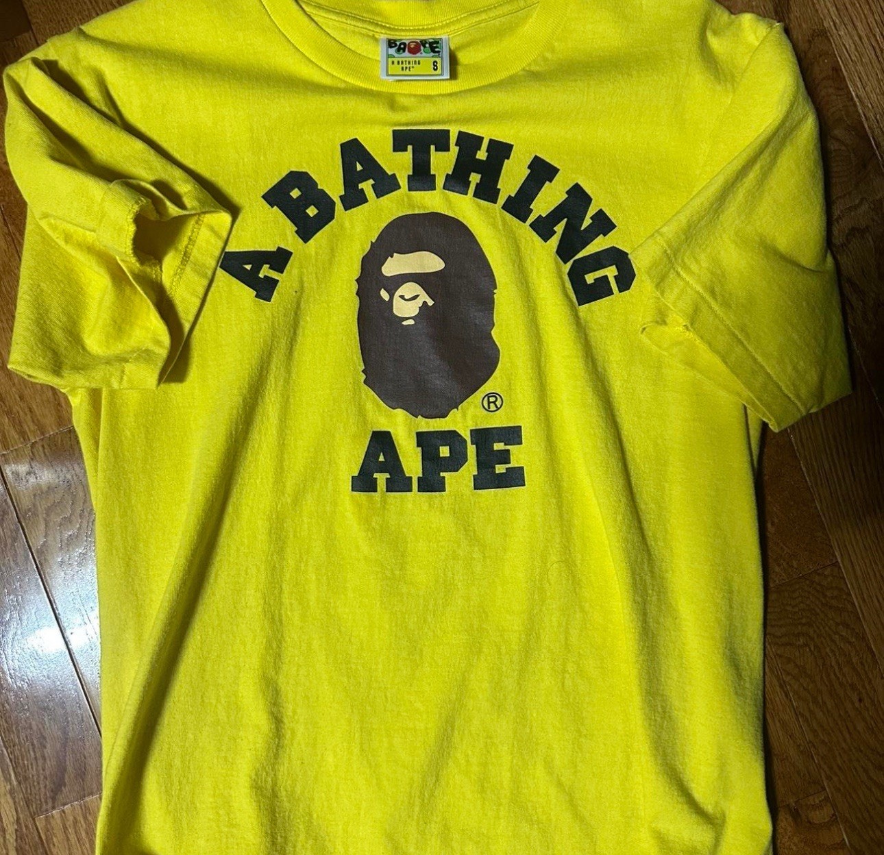 BAPE yellow graphic tee shirt size small streetwear style