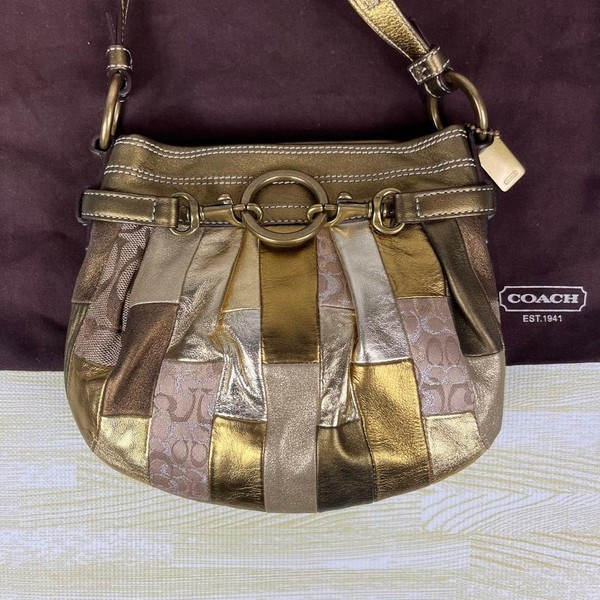 COACH Patchwork Shoulder Bag Metallic Gold Signature Leather Y2K Rare