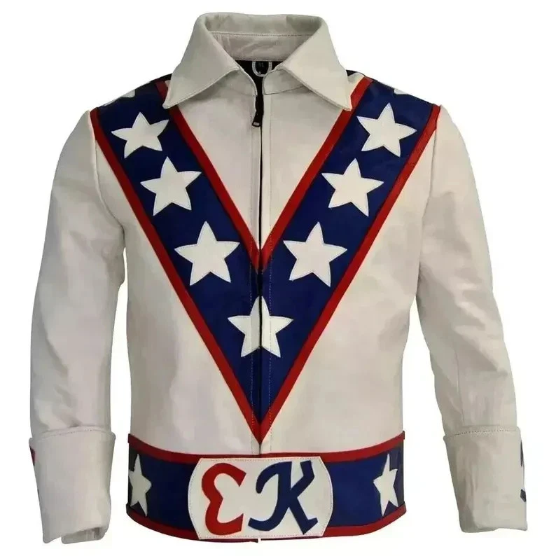 Disfraz de Halloween Evel Knievel Daredevil Stuntman Moto Cuero Genuino Traje Foto 2 de 4