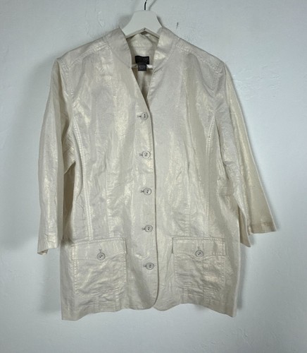 Additions by Chico's Womens Linen Blend Button Front Jacket Sz 2 Ivory Metallic