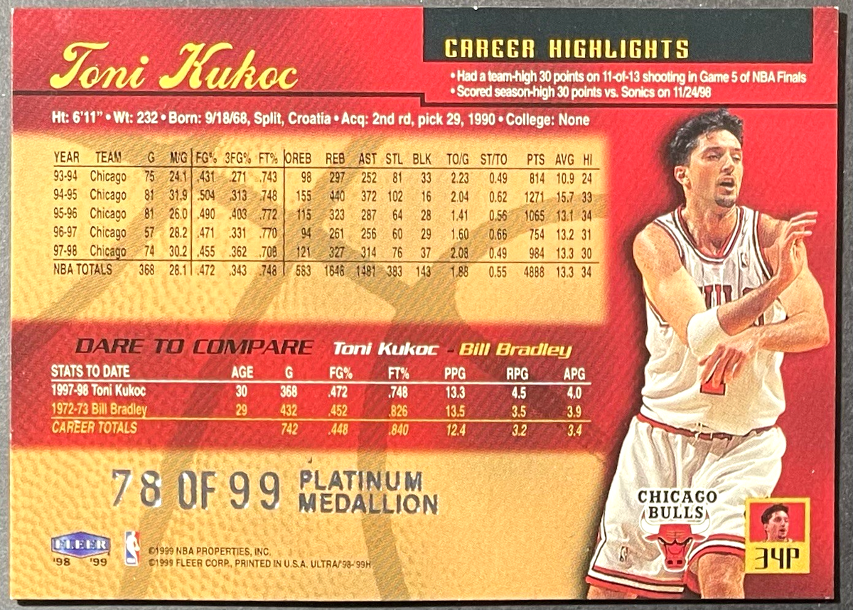 99 ) Toni Kukoc 1998-99 Fleer Ultra Platinum #34 Rare Parallel 
