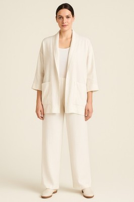Eileen Fisher White Linen Suit Blend Two Piece Set Jacket XL Pants L Read