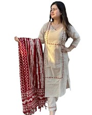 Women's Cotton Blend Straight Embroidered Kurta with Pant  Dupatta