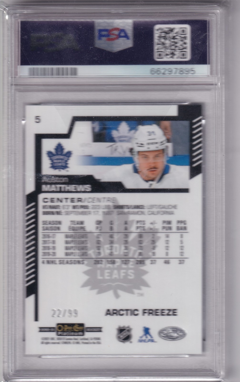 Auston Matthews 2020-21 O-Pee-Chee OPC Platinum Arctic Freeze /99 PSA 10 view 2