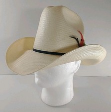 STETSON RANCHER STRAW COWBOY Hat Size 7 1/8 Black Band With Feathers Made in USA