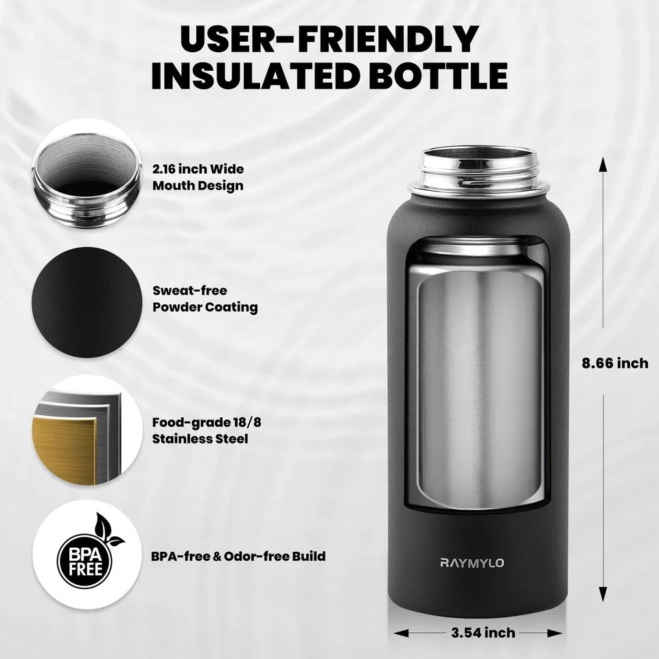 Insulated Water Bottle 32 oz, Triple Wall Vacuum Stainless Steel (Cold for 48...