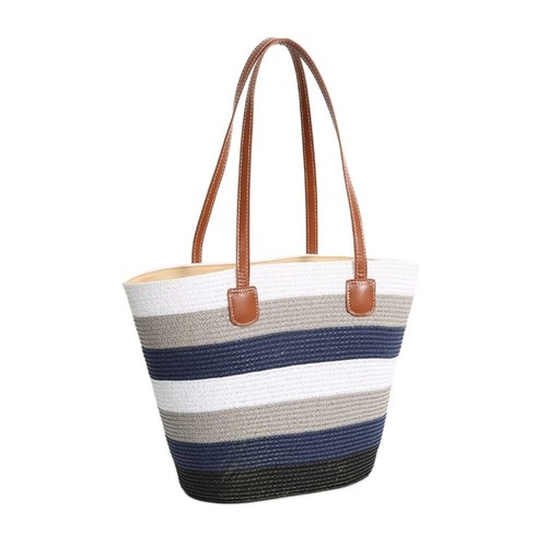 Stripe Tote Bag Straw Woven Hat Casual Woven Shoulder Bag Vacation - Picture 4 of 18