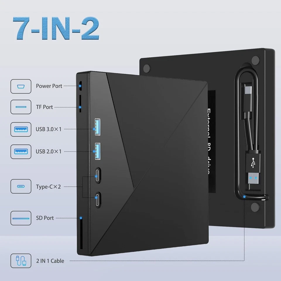 Unidad Blu Ray Externa 7 en 1, Grabadora Blu Ray 4k con USB 3.0 Tipo-C Portátil Bl Foto 3 de 4