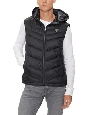 GUESS Men's Eco Water Resistant Puffer Logo Hooded Vest Jet Black Large