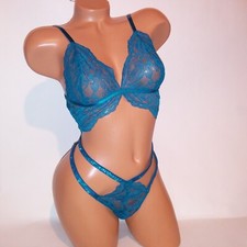 Victoria Secret Lingerie Teddy One Piece Bodysuit Blue Shine Strap Lace Strappy